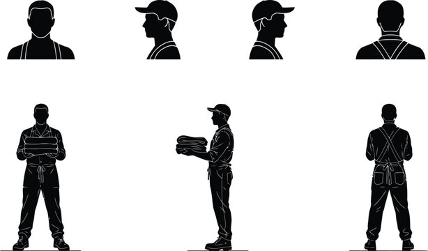 Delivery person silhouettes carrying packages and folded items for service.