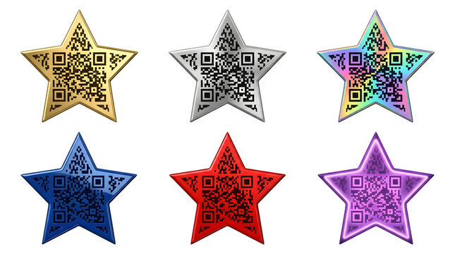 Six starshaped qr codes gold, silver, holographic, blue, red, purple digital scan, mobile technology isolated on transparent background