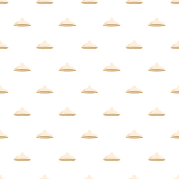 Conical straw hats arranged in a repeating seamless pattern on a white background