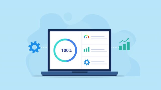 Animated flat vector illustration of a laptop displaying a business performance dashboard with analytics charts, workflow settings, and progress indicator. Modern business intelligence and productivit