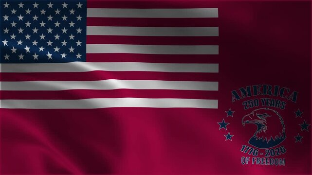 USA Semiquincentennial flag waving background loop featuring American stars and stripes pattern combined with patriotic 250 years of freedom 1776 to 2026 eagle emblem celebratory motion graphic