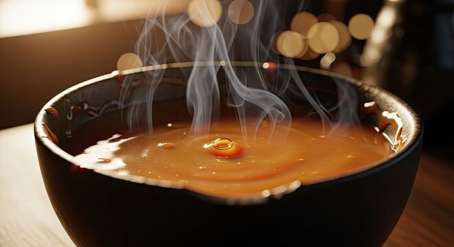 Steaming hot bowl of vegetable soup on wooden table.