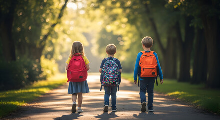 Obraz premium Children Walking to School on a Sunny Path with Backpacks