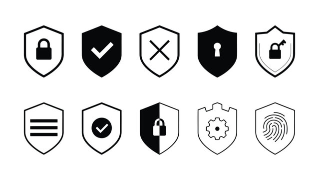 Security shield icons with locks and checks  various protection symbols