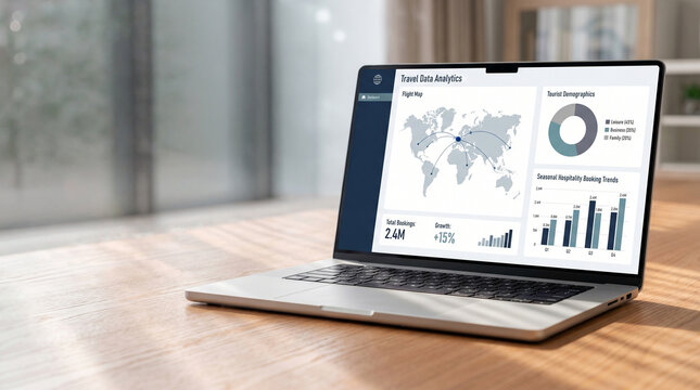 A laptop with a travel data analytics dashboard on a desk showing flight arcs and booking charts for corporate travel planning and logistics
