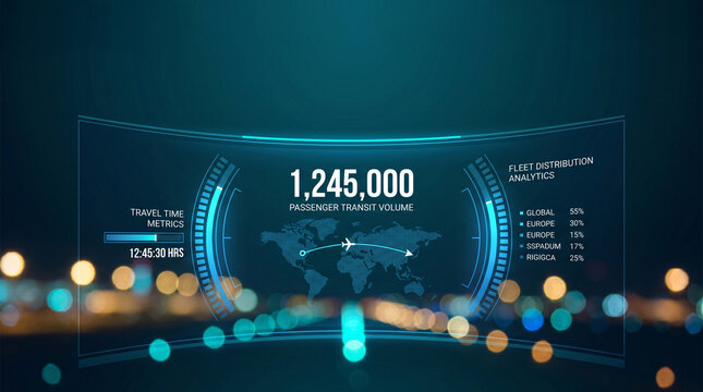 A futuristic travel data analytics dashboard with holographic flight path map and transit metrics in dark digital aviation control room
