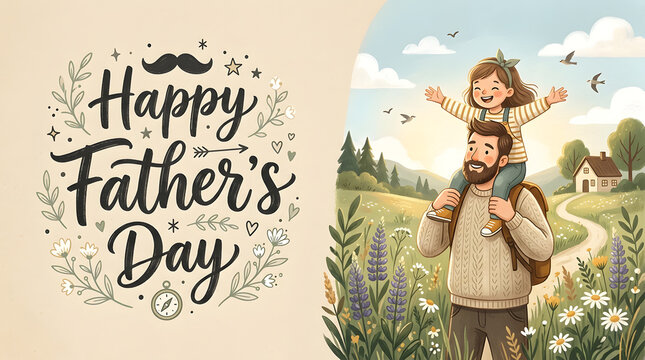 Artistic happy father's day card with illustration of a father holding daughter in a flower field