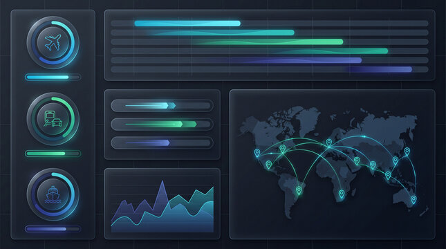 A futuristic travel data analytics dashboard with a global map flight paths and multi modal transit metrics on dark digital terminal