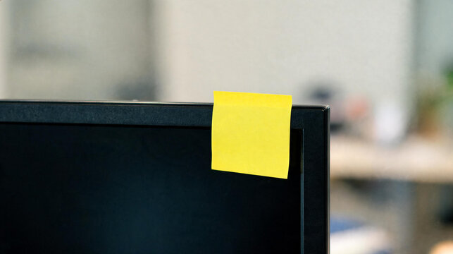 Yellow adhesive note stuck on the side of a dark monitor facing a blurred office interior, representing reminders and workflow organization for business and productivity themes.