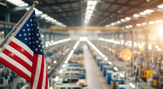 American Flag Waving in a Modern Industrial Manufacturing Factory