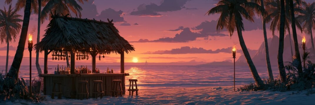 A serene beach bar at sunset with tiki torches, palm trees, and a calm ocean under a colorful sky.
