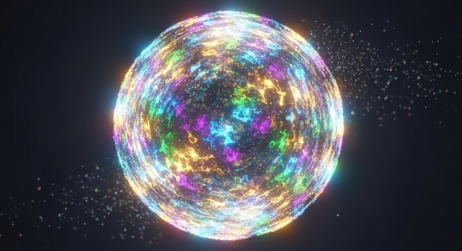 Vibrant digital energy sphere with colorful light particles.