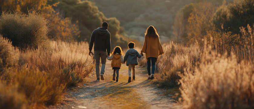 Diverse young family with kids walking away on country path at sunset