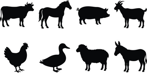 Obraz premium Collection of farm animals black silhouettes including cow horse pig goat chicken duck sheep and donkey