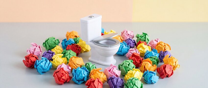 Toy Toilet with Colorful Crumpled Paper Balls Concept