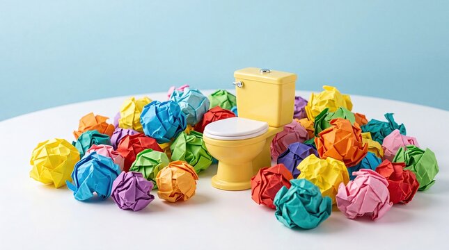 Toy Toilet with Colorful Crumpled Paper Balls Concept