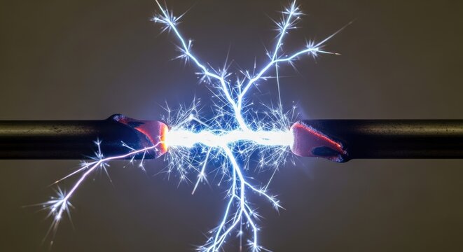 High voltage electrical arc flashing between two metal electrodes.