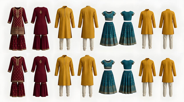 Elegant Set of Traditional Indian Ethnic Wear Outfits Featuring Colorful Kurta Pyjama and Lehenga Choli for Men and Women