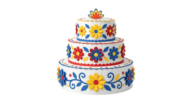 Threetiered cake decorated with colorful paper flowers and foliate patterns isolated on transparent background