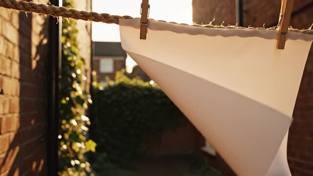 A blank white paper hangs on a rope with wooden pins