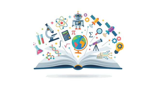 Open book with flying science and STEM education icons vector illustration