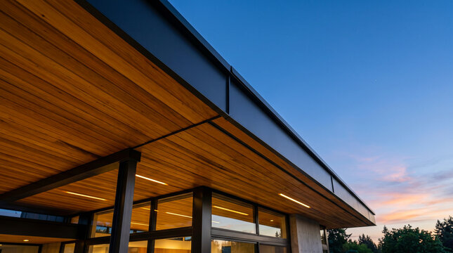 Modern Flat Roof Overhang with Cedar Wood Soffit and Black Metal Fascia