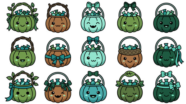 Colorful cartoon pumpkins with bows and leaves in baskets on hell day 82