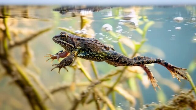 common frog swimming underwater in lake district uk morning light close up video