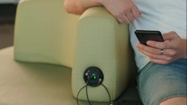 Close-up of a male hand holding a smartphone at the airport while waiting for a flight, checking departure status and delays. Modern travel, digital navigation, and connected mobility concept.