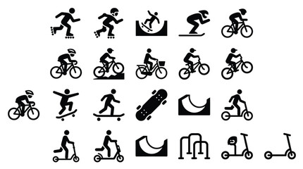 Obraz premium A collection of black vector icons representing various active outdoor sports and modern urban transportation methods
