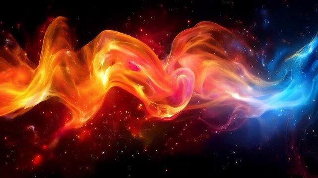 Swirling orange, yellow, red, blue nebulae with cosmic dust, energy patterns, and stars. Perfect for astronomy, space, and abstract backgrounds.