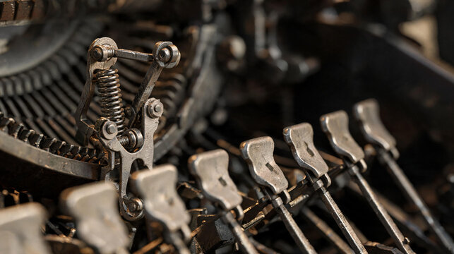 Macro photograph of rusty vintage typewriter internal linkages and spring mechanism showing worn metal parts in an industrial close up detail shot.