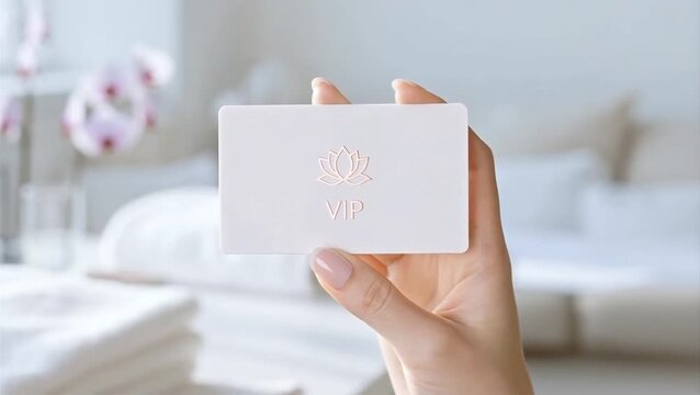 A person holds up a VIP membership card in a bright room
