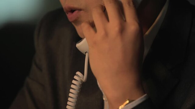 A close-up of a hand holding a telephone receiver in a dark setting suggesting a late night urgent business phone call.