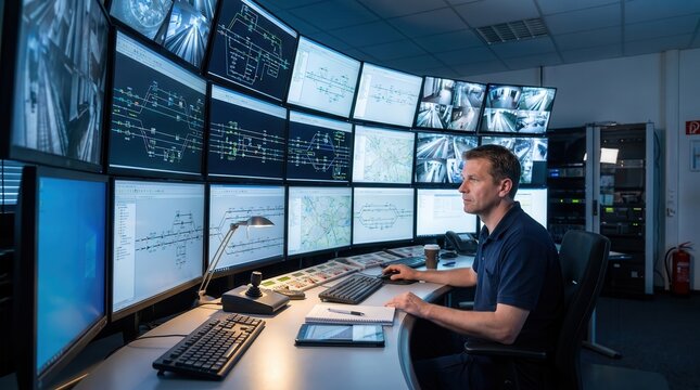 Control room operator monitoring railway systems and surveillance screens in command center