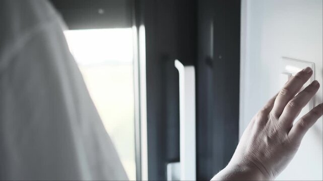 Close up view of womans hand turning on electric blinds in smart home system Modern home automation comfortable morning control of environment and quality sleep and rest concept