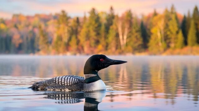 common loon swimming on lake superior usa morning light close up video