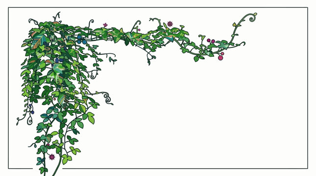 Illustration vectorielle d'une vigne luxuriante avec des feuilles vertes vibrantes et de petits fruits rouges, formant un &eacute;l&eacute;gant cadre de coin d&eacute;coratif sur fond blanc.