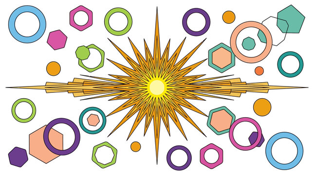 Composition graphique abstraite et vibrante avec une &eacute;toile dor&eacute;e centrale irradiant de lumi&egrave;re entour&eacute;e de formes g&eacute;om&eacute;triques color&eacute;es.