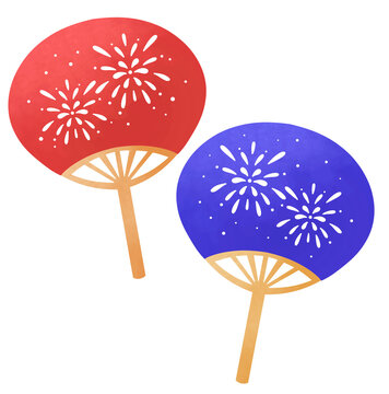花火の柄の赤色と青色のうちわのセットイラスト