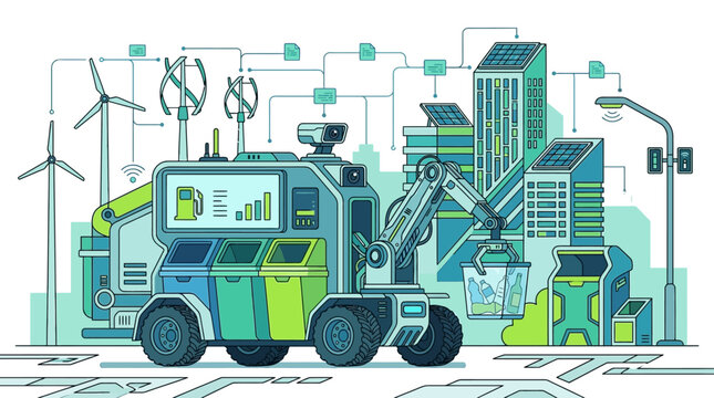 Illustration d'un v&eacute;hicule de gestion des d&eacute;chets intelligent et robotis&eacute; op&eacute;rant dans une m&eacute;tropole durable aliment&eacute;e par l'&eacute;nergie verte.