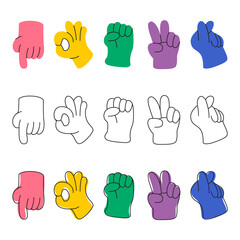 Fototapeta premium Collection of various hand gestures including ok sign fist peace and finger heart icons in flat and outline design on grid.