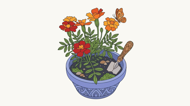 Ilustra&ccedil;&atilde;o vetorial de um vaso de flores azul com cravos-de-defunto coloridos, uma pequena p&aacute; de jardinagem e uma borboleta delicada, ideal para design bot&acirc;nico e decora&ccedil;&atilde;o.