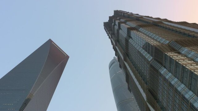 Modern Shanghai Skyscrapers and Glass Towers Viewed From Street Level Looking Upward. High quality 4k footage