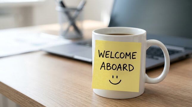 A white ceramic coffee mug with a yellow sticky note saying welcome aboard on a wooden office desk with a blurred laptop computer in the background