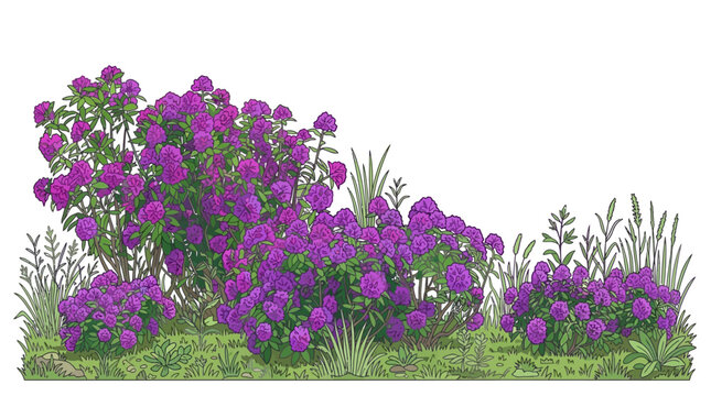 Composition isol&eacute;e de plantes ornementales avec des buissons &agrave; fleurs violettes vibrantes et du feuillage luxuriant.