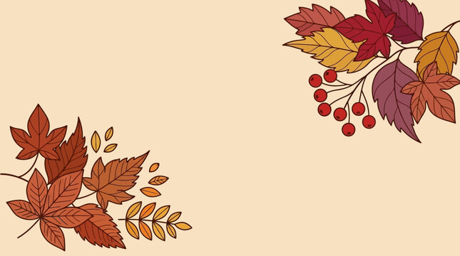 Ilustra&ccedil;&atilde;o vetorial de outono com folhas coloridas e bagas vermelhas dispostas em cantos opostos sobre um fundo bege suave, ideal para convites e designs sazonais.