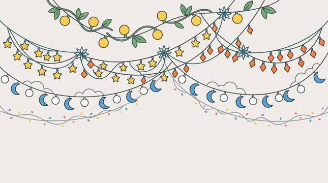 Ilustra&ccedil;&atilde;o vetorial de guirlandas festivas penduradas com luzes, estrelas, luas e elementos bot&acirc;nicos em um design plano e decorativo sobre um fundo neutro para celebra&ccedil;&otilde;es.