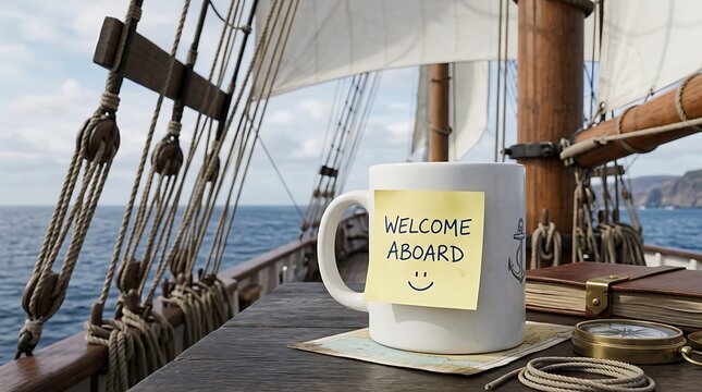 A white coffee mug with a welcome aboard sticky note placed on a wooden deck of a sailing ship with nautical equipment and ocean view in background
