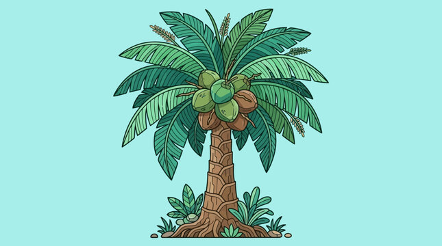 Ilustra&ccedil;&atilde;o vetorial de um coqueiro tropical com cocos verdes e marrons, desenhado em estilo art&iacute;stico colorido sobre um fundo azul claro, ideal para design de ver&atilde;o e temas de praia.